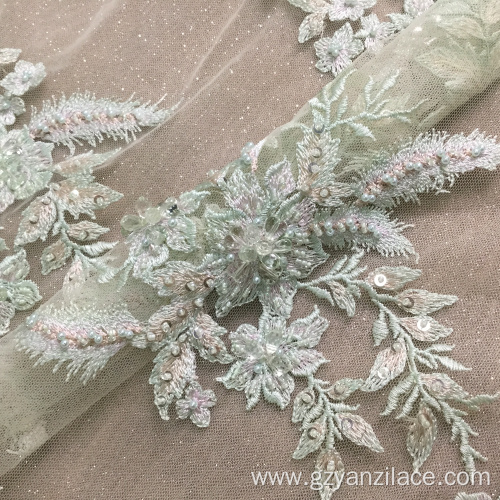 Mint Hand Beaded Embroidery Lace Fabric